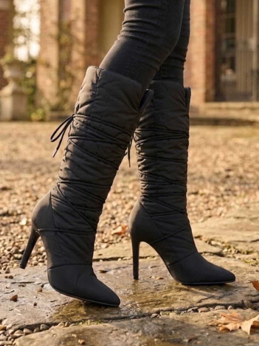Black Satin Lace-Up High Heel Boots Pointed Toe Stiletto Size 7